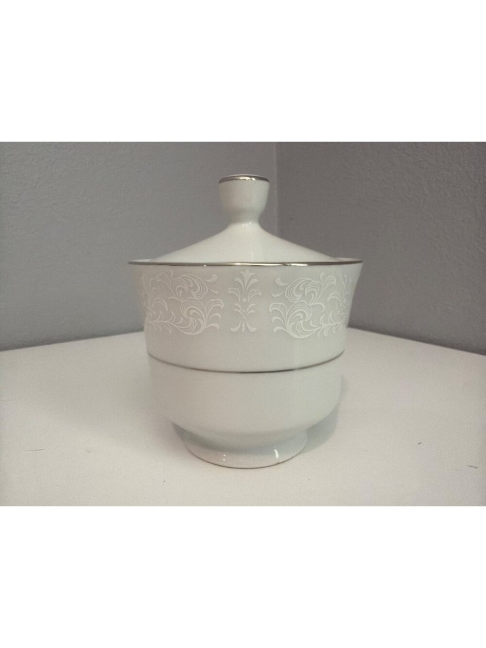 Vintage Rose China Sugar Bowl White Spanish Lace Pattern Silver Trim MadeJapan